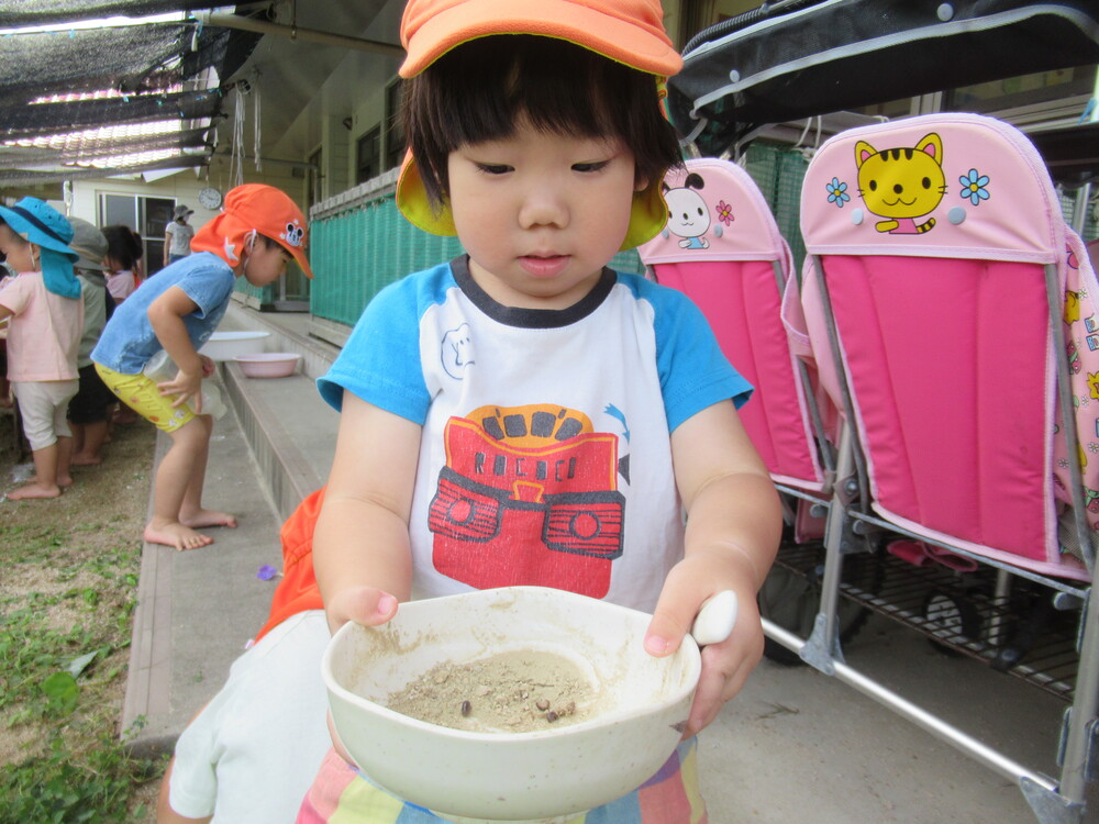 ダンゴムシを見つけた男の子