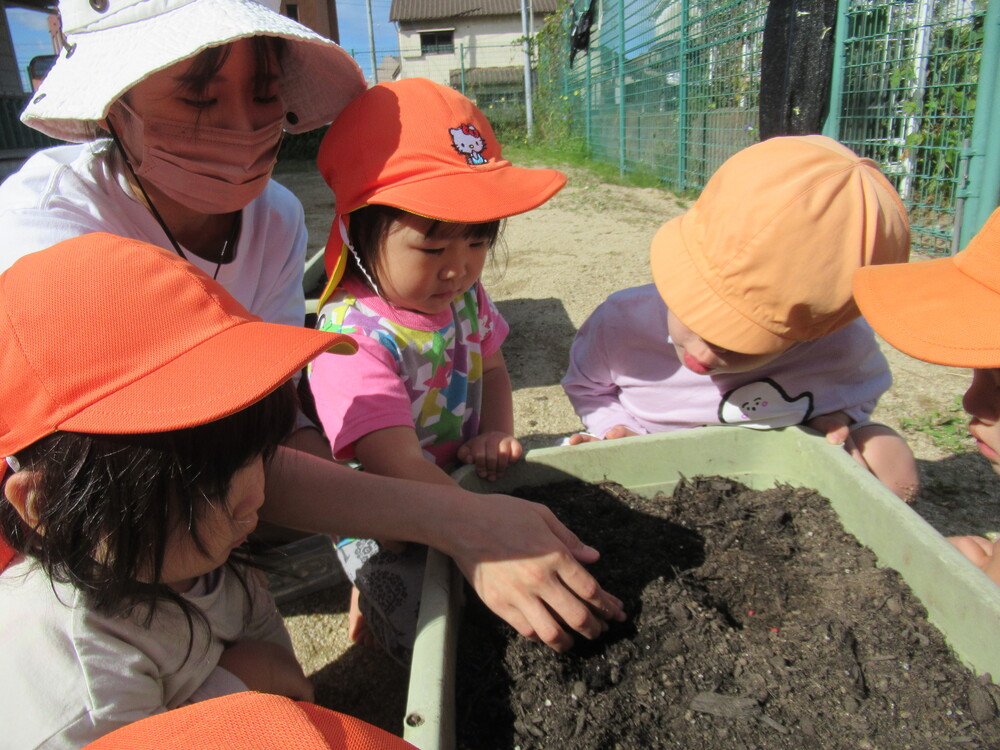 保育者と土を被せている子どもたち