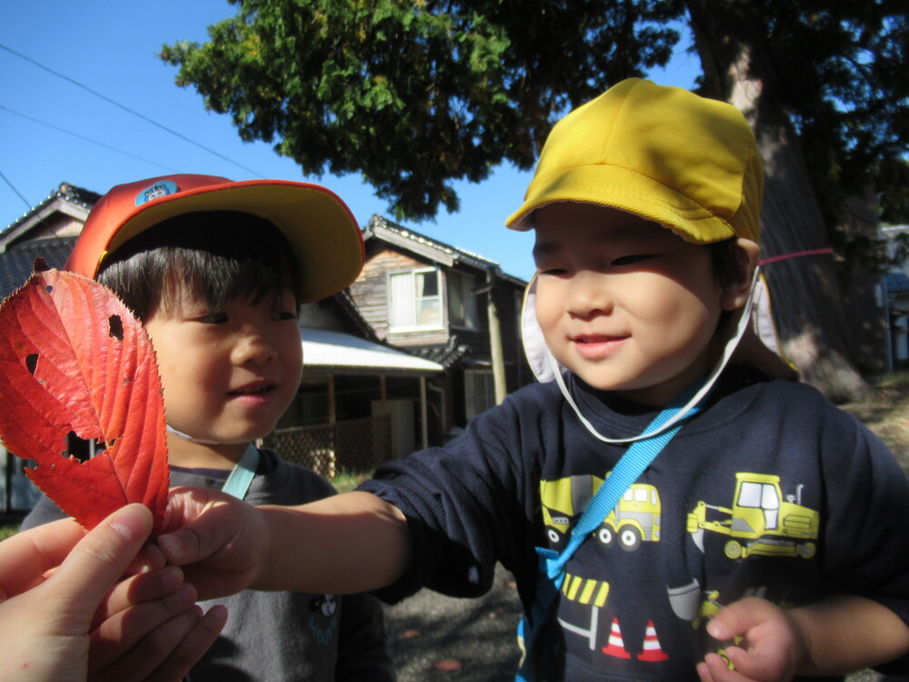 葉っぱおばけを見ている男の子たち