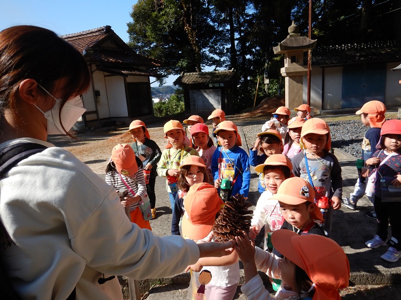 松ぼっくりを見る子どもたち