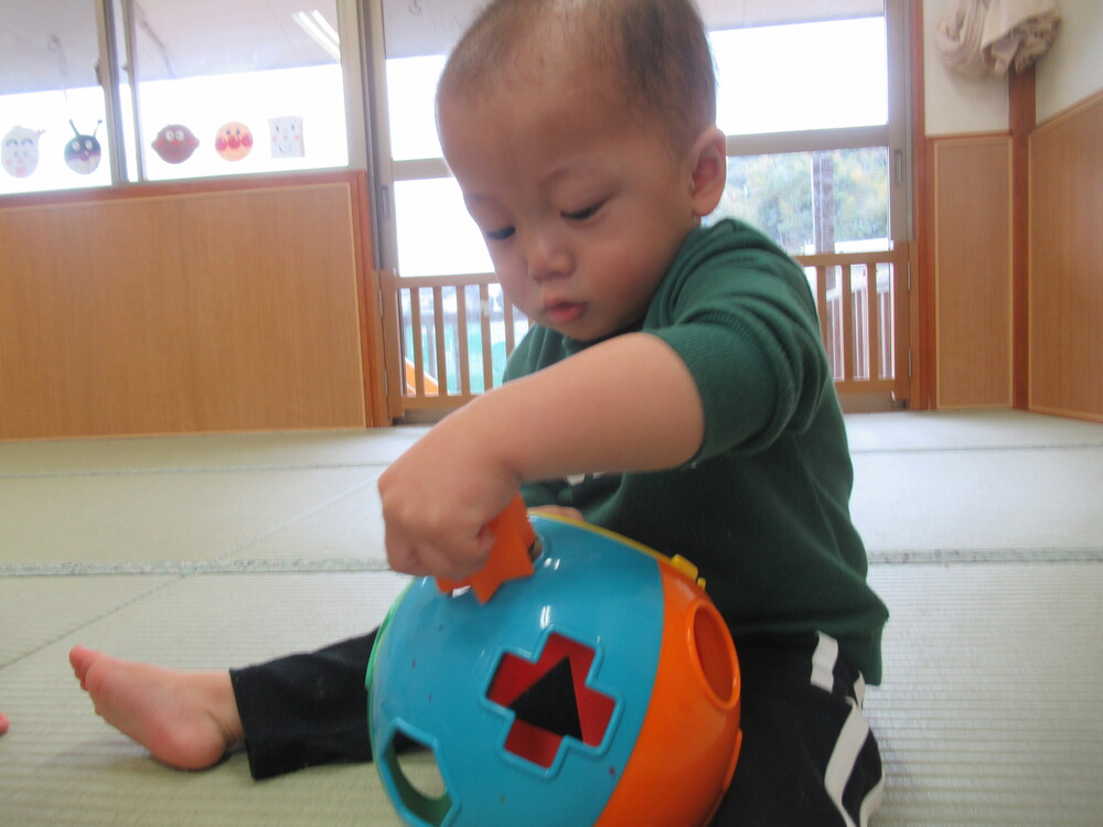 男の子がブロックを型はめしている