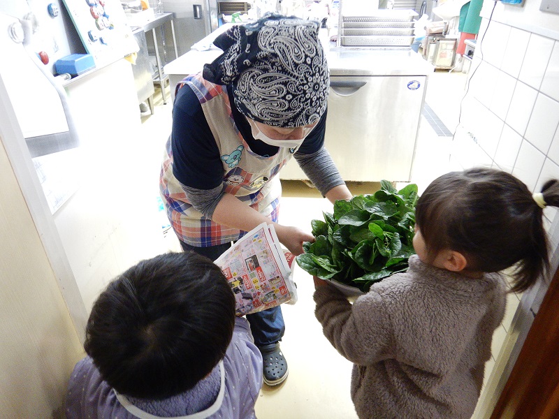 ほうれん草を給食室へ持って行く様子