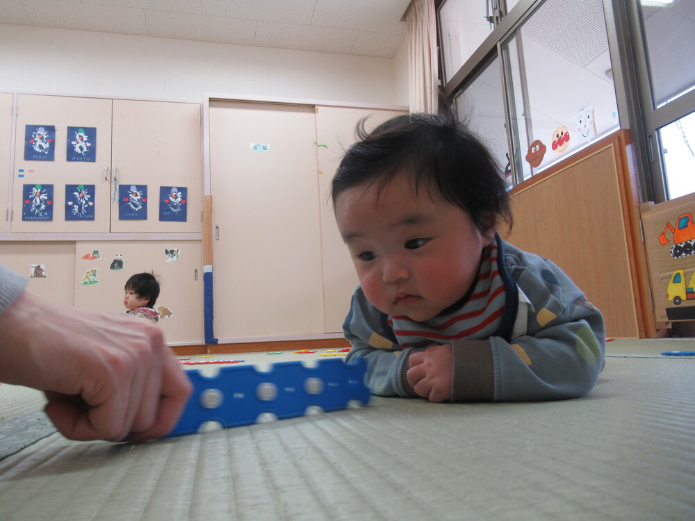 男の子がうつ伏せでホックブロックを見ている