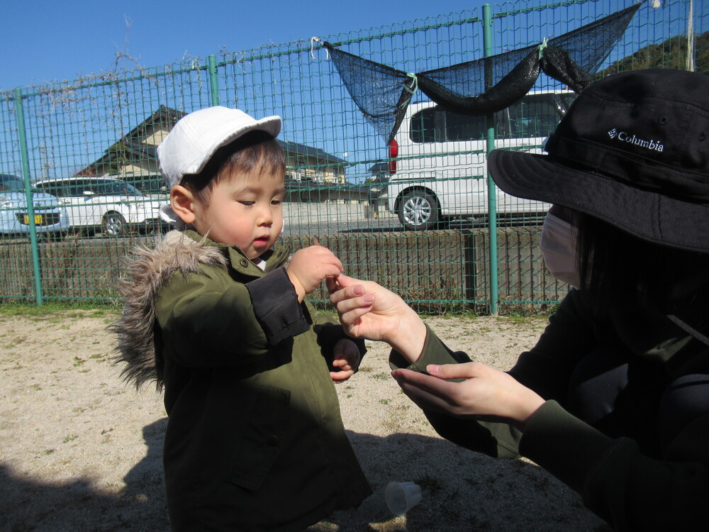 男の子が保育者からつくしを受け取っている