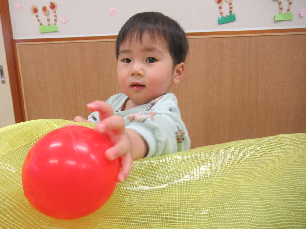 男の子がカラートンネルにボールをのせている