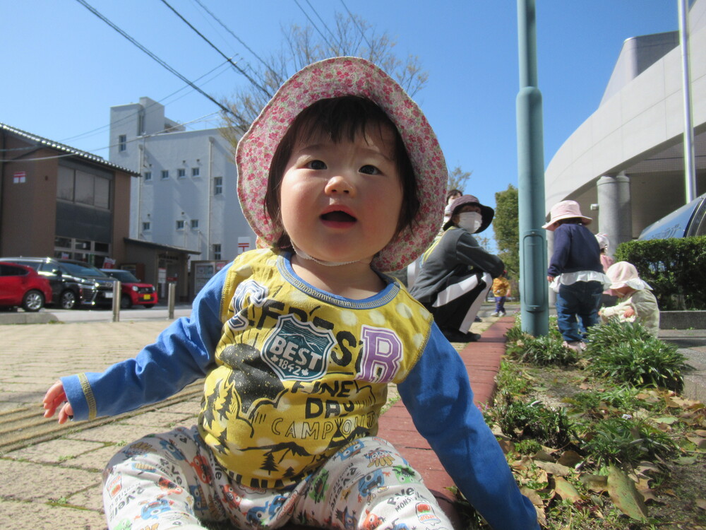 女の子が葉っぱを触っている
