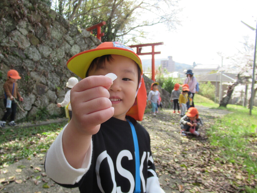 桜の花びらを見つけた男の子