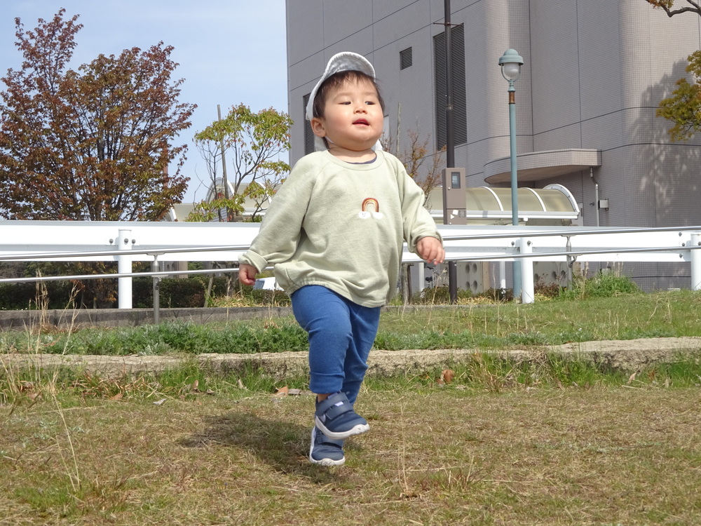 芝生の上を走る男の子