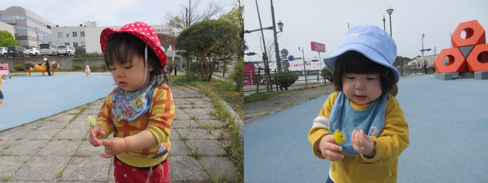 草花を手に持ってみている
