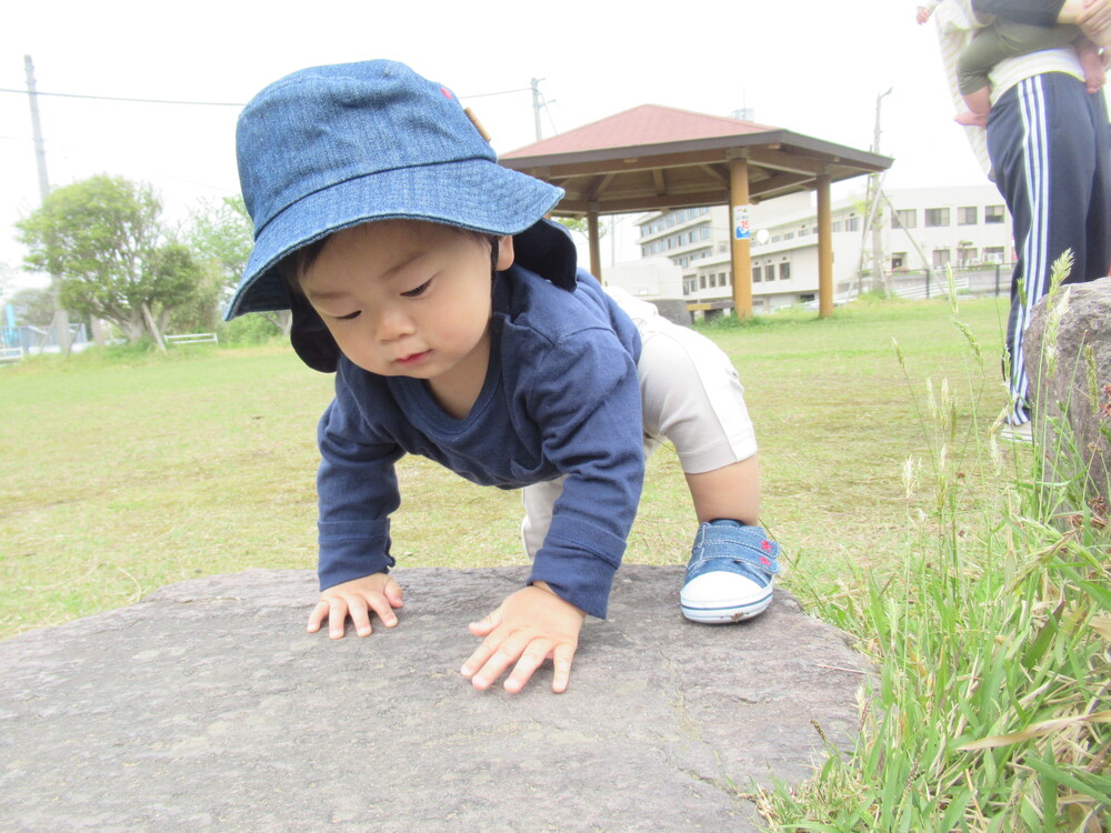 男の子が石に登っている