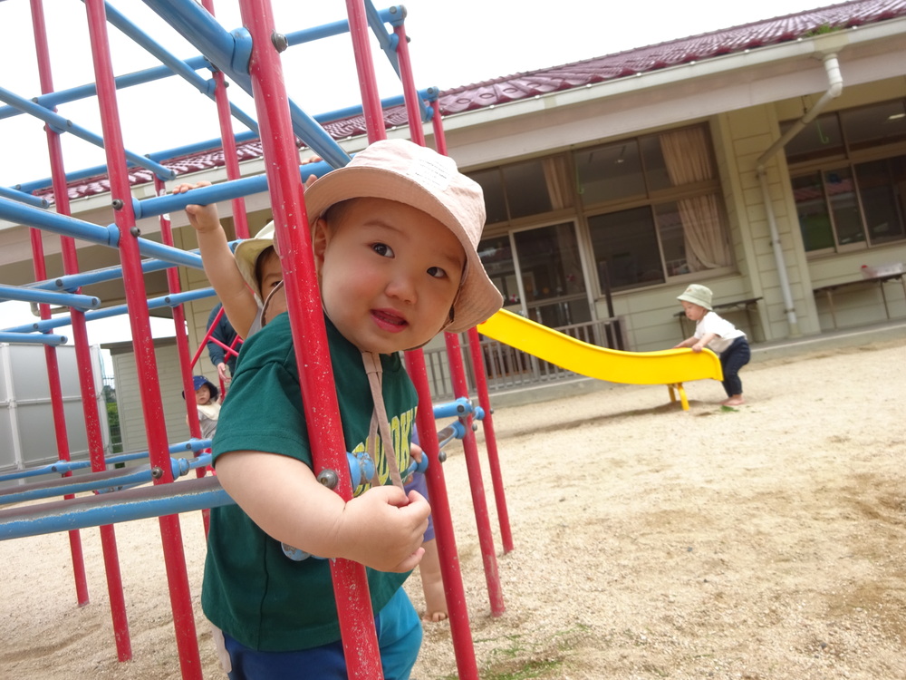 ジャングルジムから顔を出している男の子