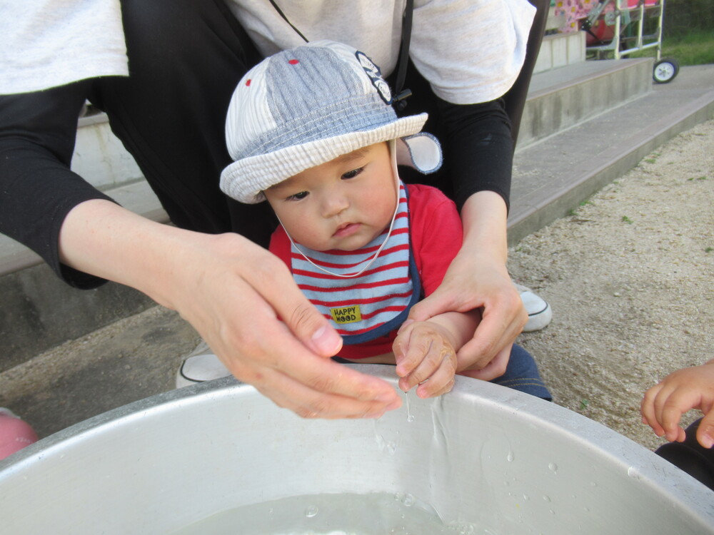 男の子が保育者と水を触っている