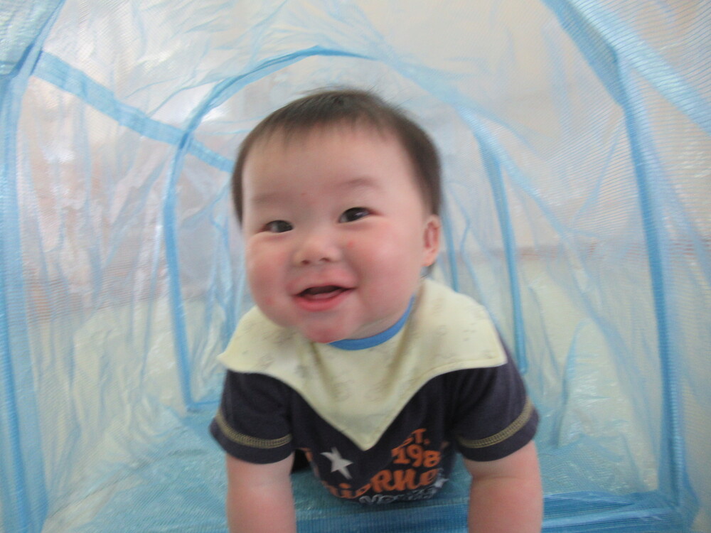 男の子がトンネルから顔を出している