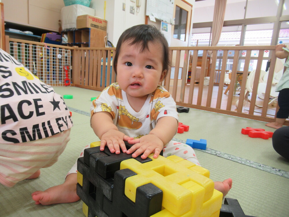 井形ブロックで遊んでいる 