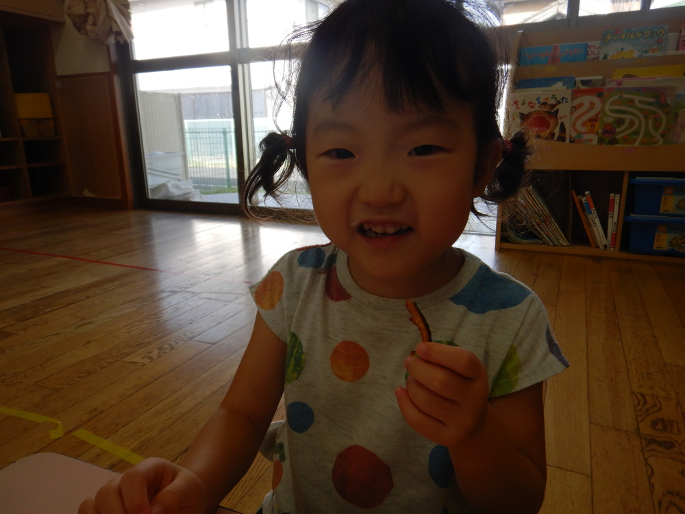 野菜チップスを食べる