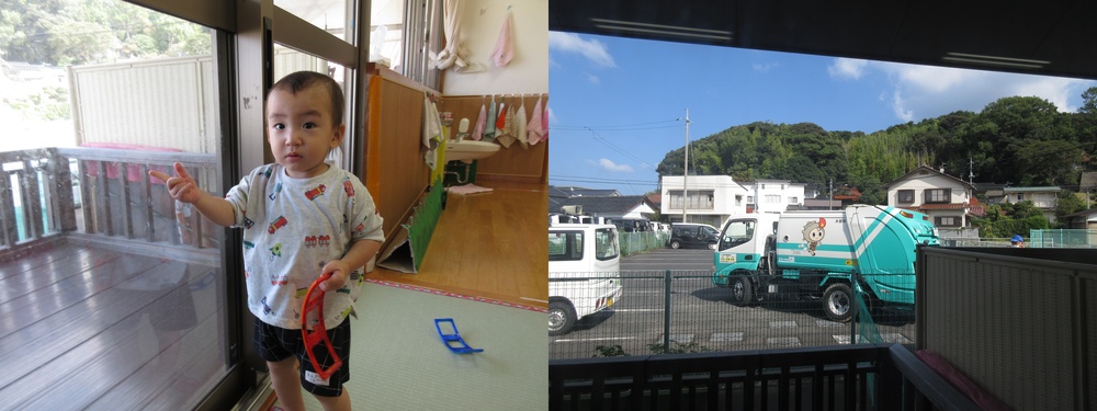 ごみ収集車を見ている