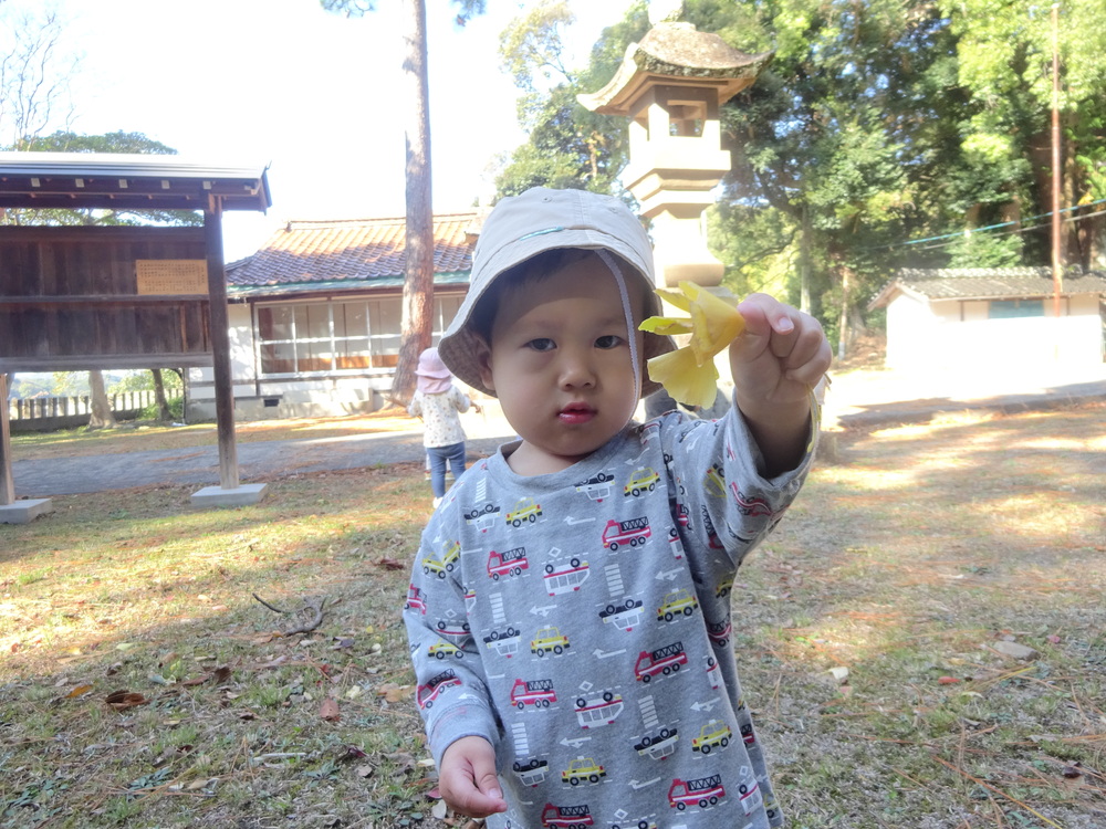 葉っぱや木の実を見つけた子ども (3)