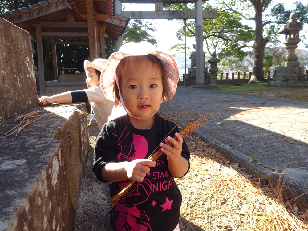 松の葉を持っている子ども