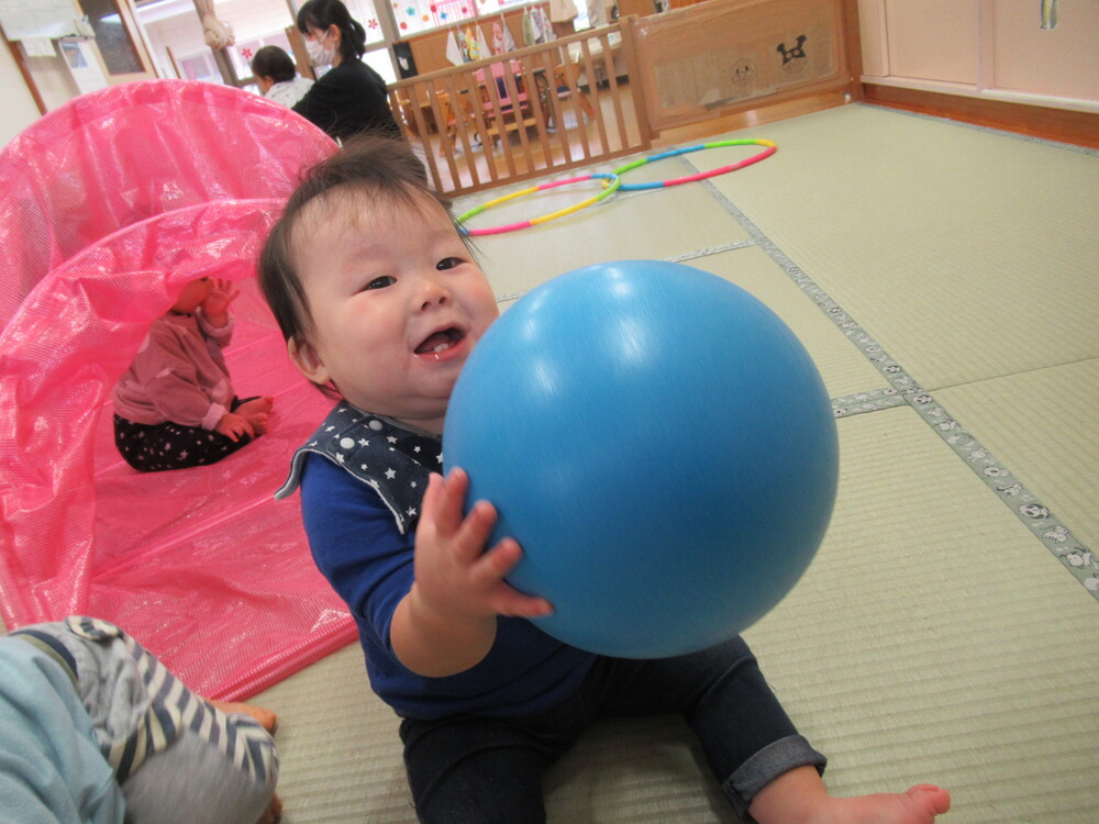 カラートンネルとフラフープとボールで遊んでいる  (9)