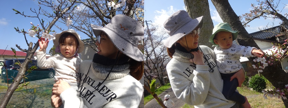 桜のつぼみを指差しをする子ども