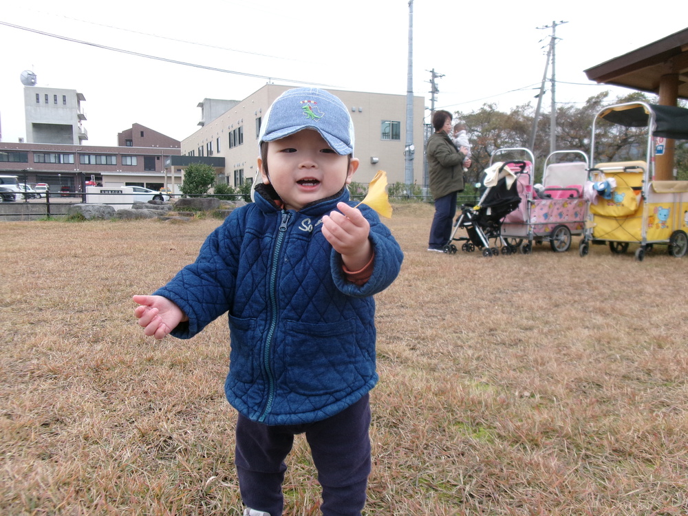 イチョウの葉を持っている子ども