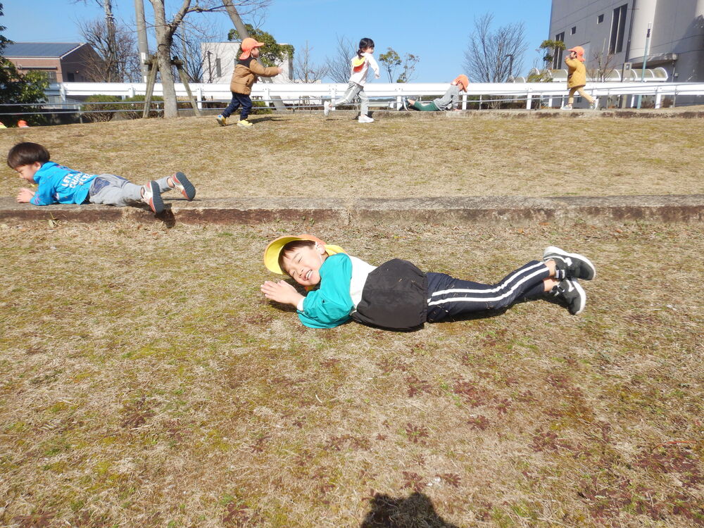 芝生の上を転がっている様子 (1)