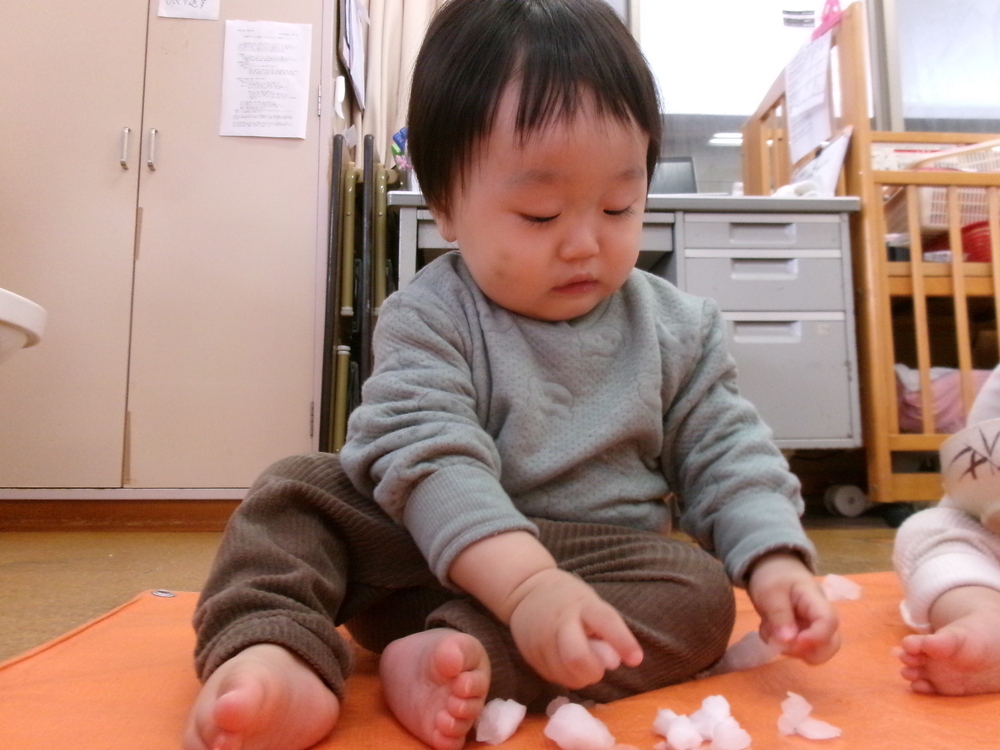 雪を触っている