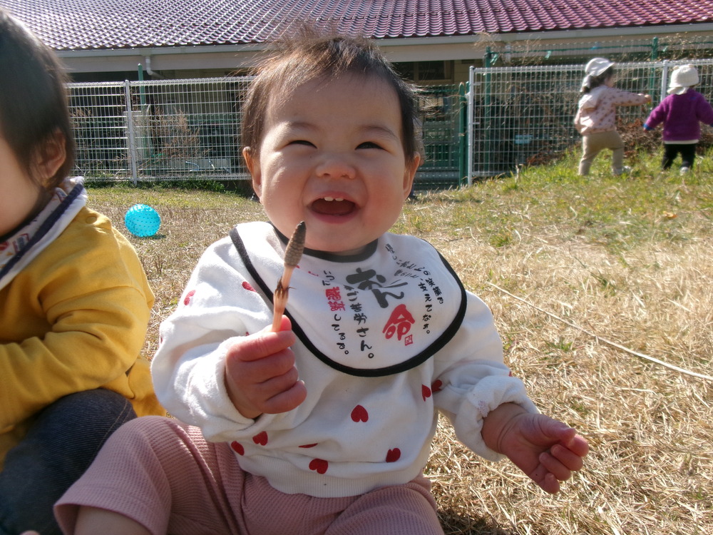 つくしを触っている