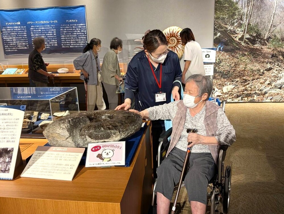 化石を触っている様子