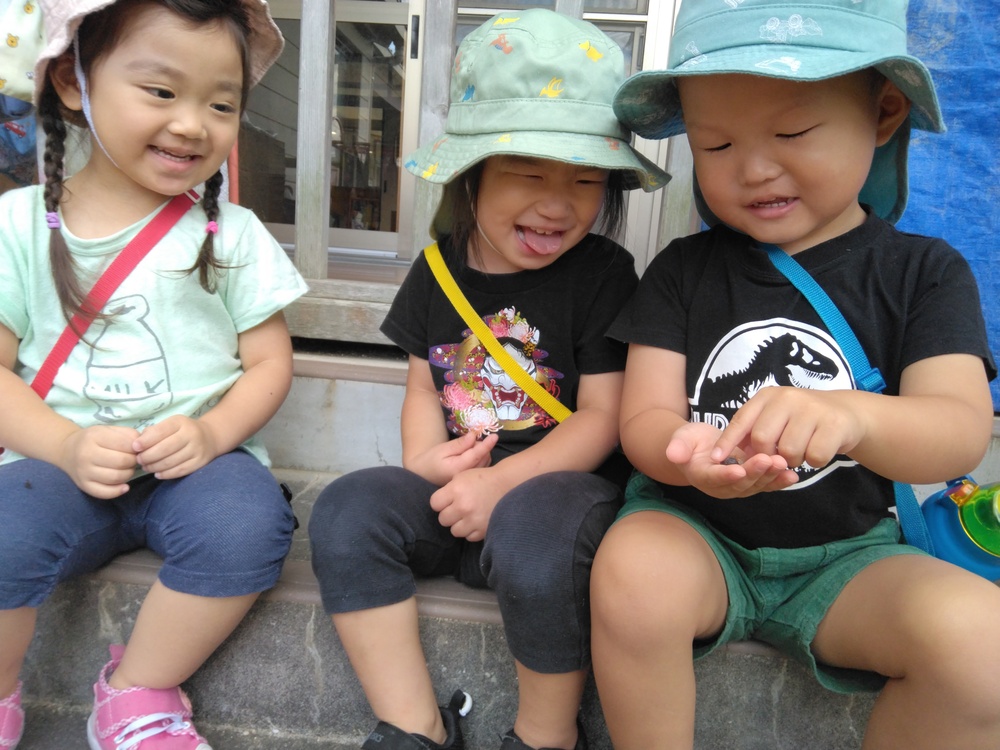 幼虫をさわっている