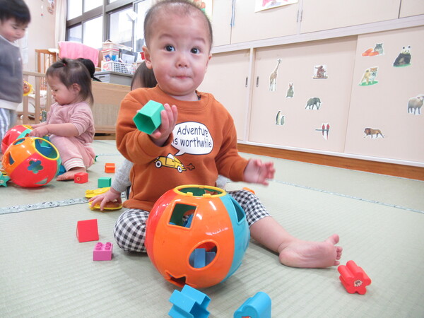 男の子がブロックを持っている