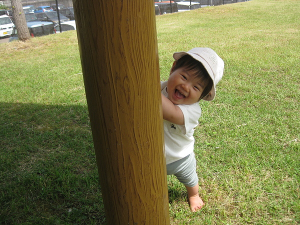 木の柱から顔を出している子ども