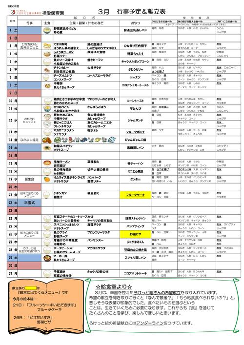 R6年度3月の献立表 