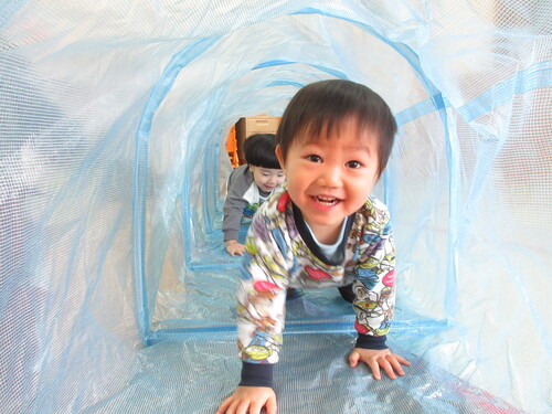 トンネルで遊んでいる